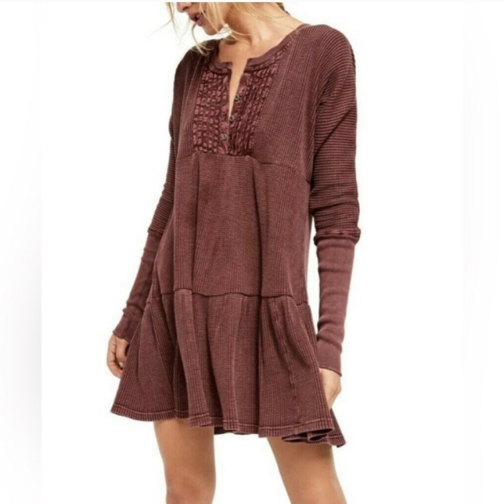 Free People Jolene Thermal Henley Mini Dress, Wine, New In Pkg